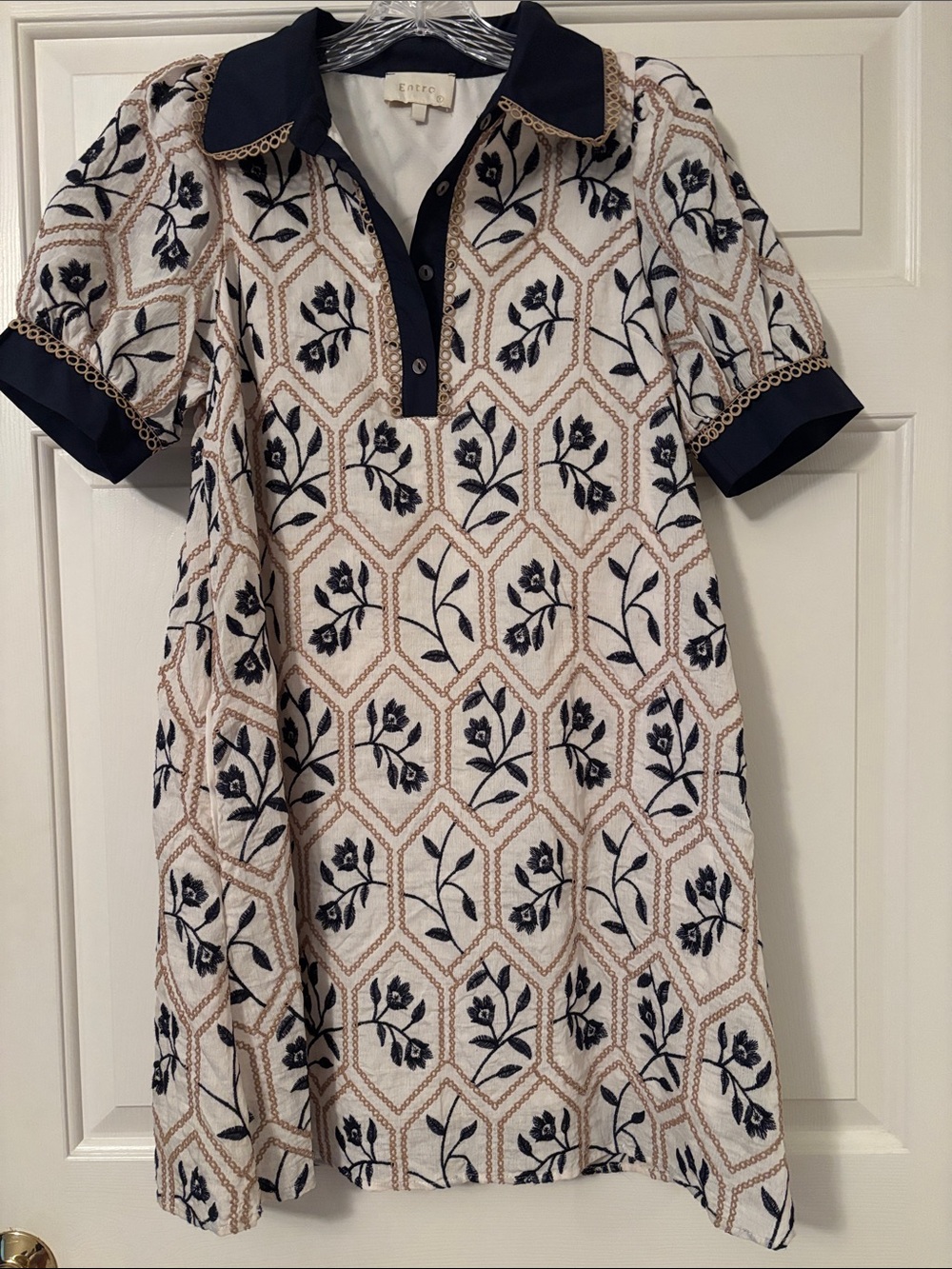 entro Navy Cream Floral Mini Dress pockets embroidered puff sleeves